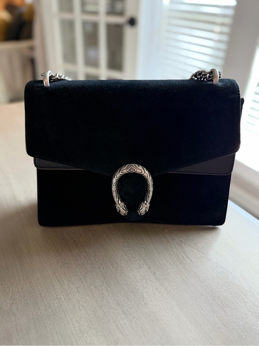 Gucci Dionysis large Black Suede Shoulder Bag with Silver-Tone Horsebit